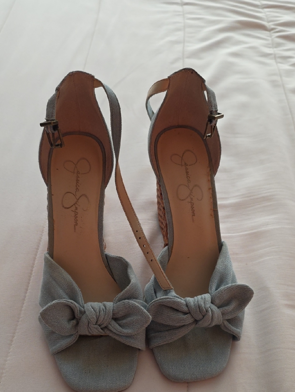 Jessica Simpson Pale Denim Blue Knot-Front Wedge Basket Weave Sandals